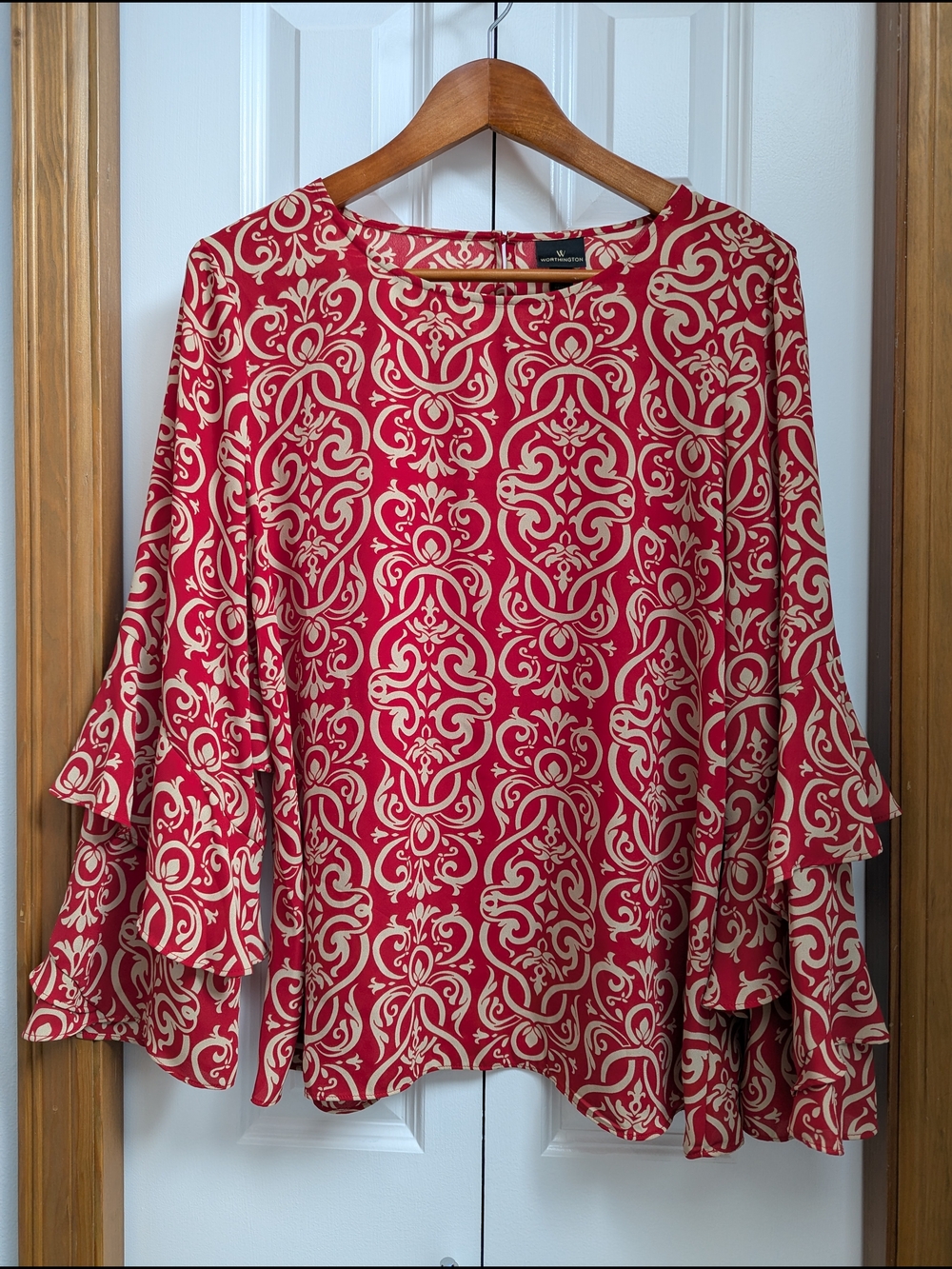 Worthington Red & Cream Ruffle Sleeve Printed Blouse
